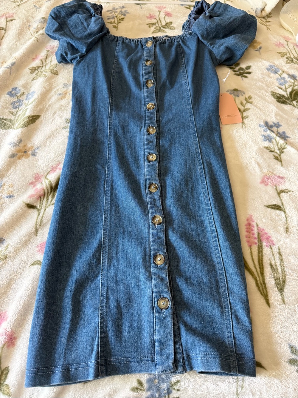 Denim Button-Front Puff Sleeve Dress - Blue - Picture 3 of 5